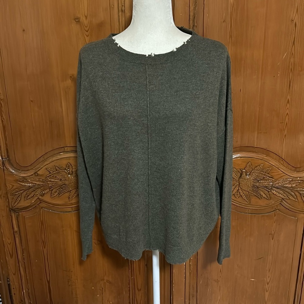 Current Elliott Drop Shoukder Crew Neck Olive Green Destroyed Style Sweater. 1